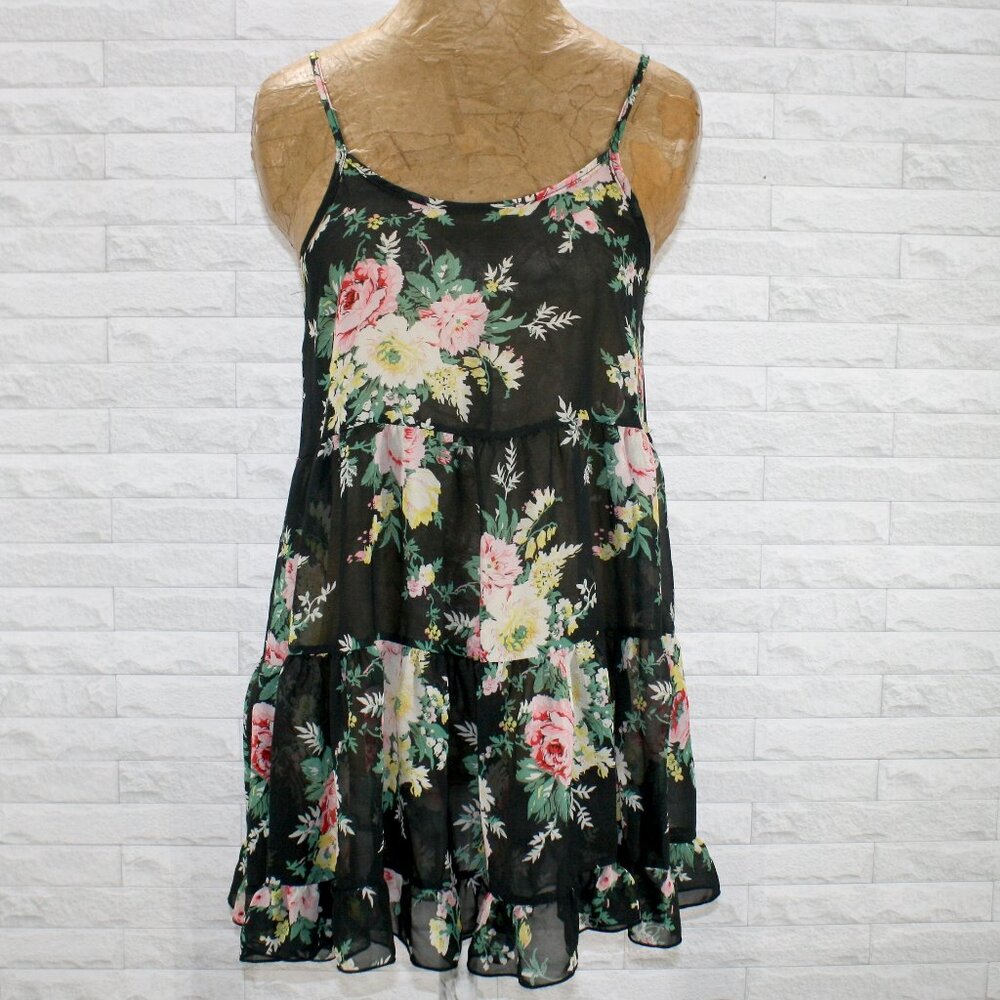 HAUTE SOCIETY Top Sheer Floral Blouse Black Ruffle Dark Romantic Pink Small
